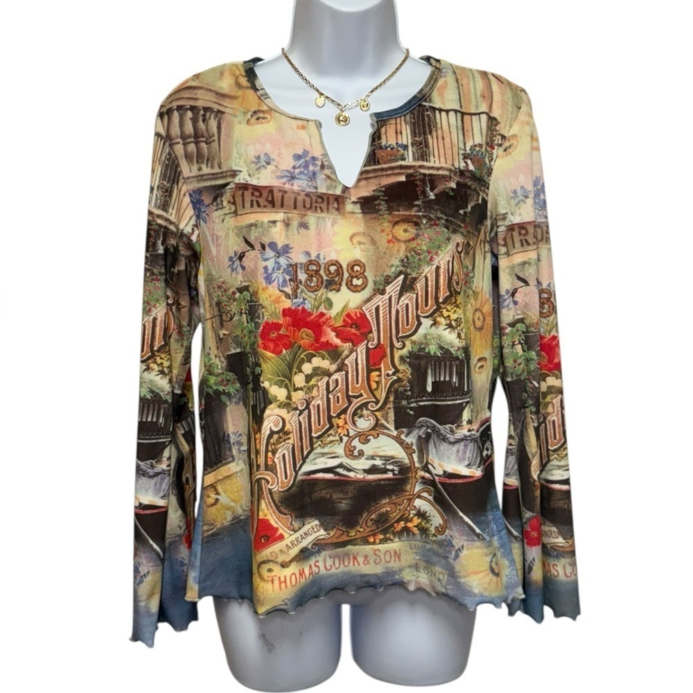 One World Y2K Graphic Floral Velour Bell Sleeve Top Medium - Picture 1 of 10
